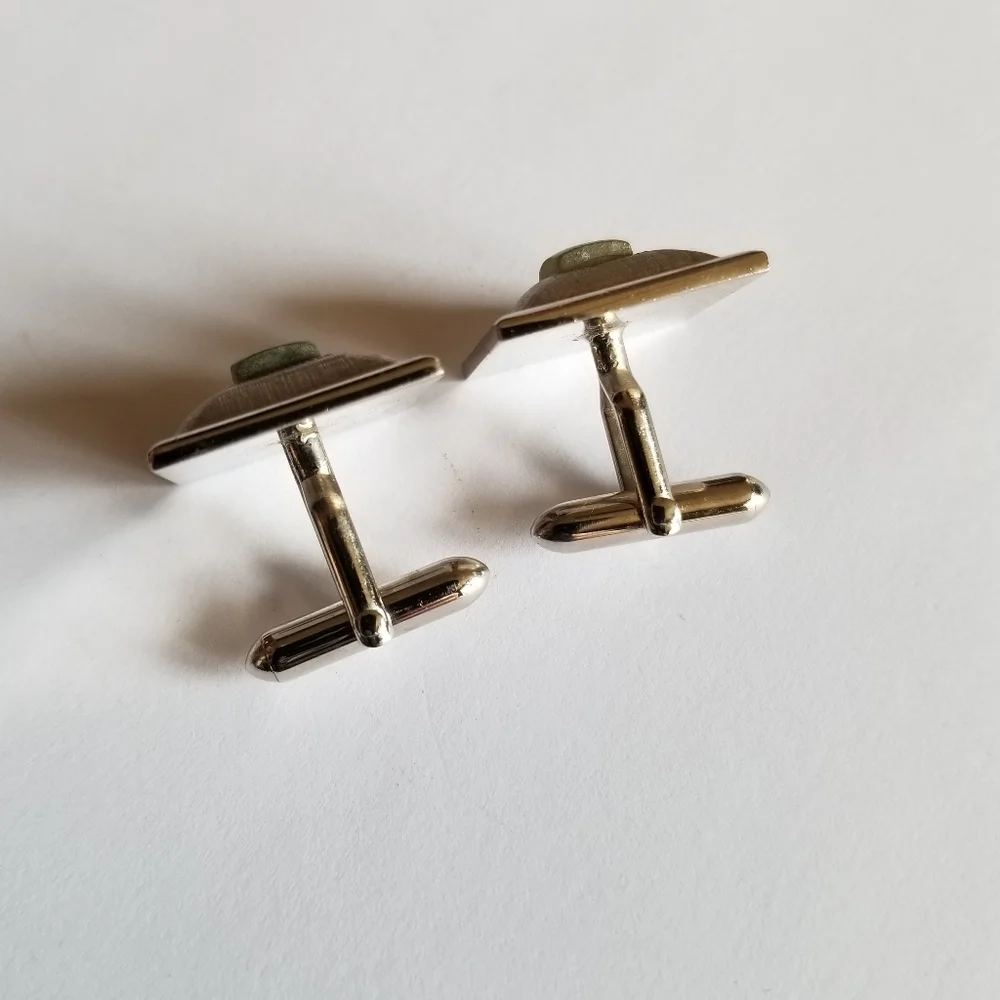 Vintage Swank cuff links silver tone square green stone cufflinks textured men